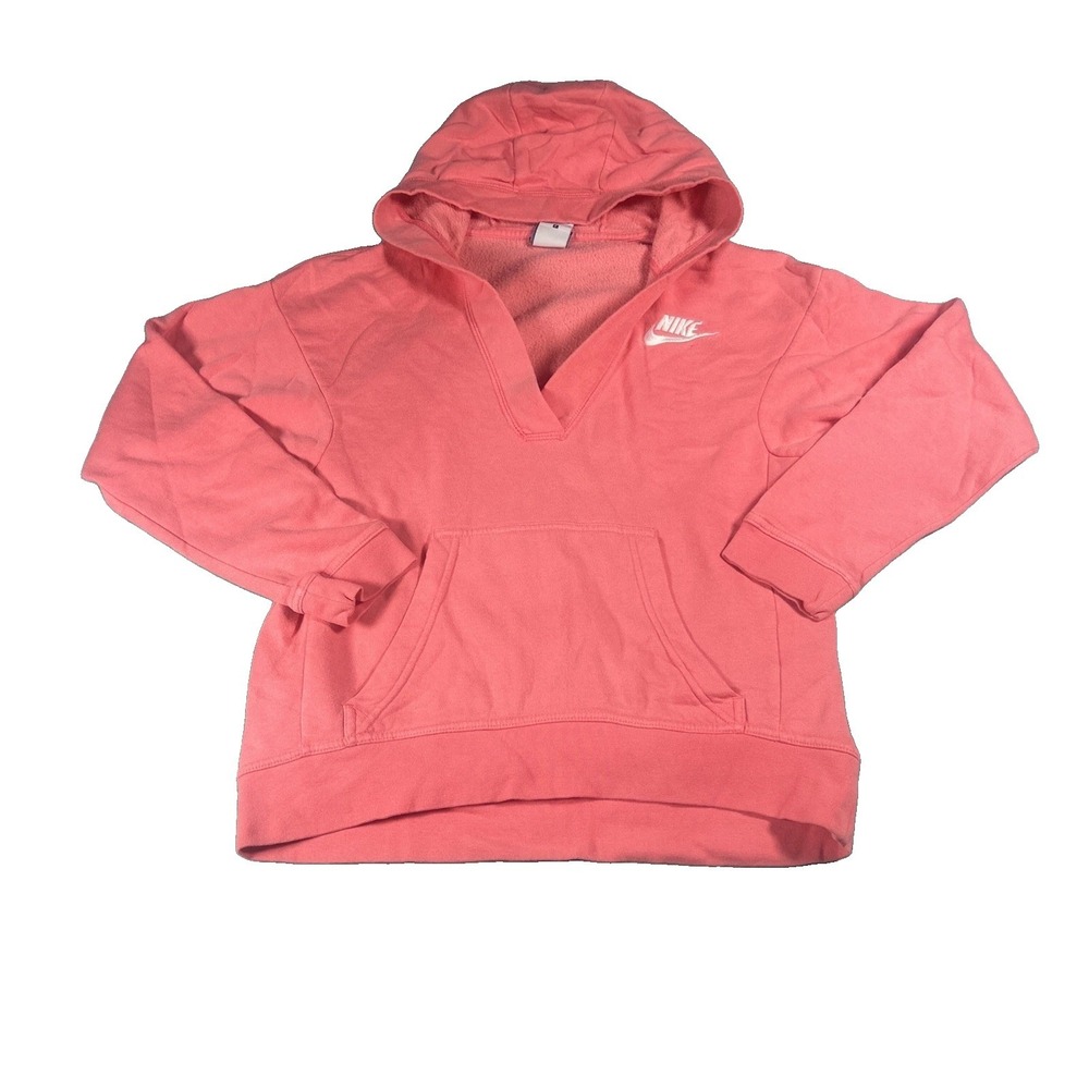 Nike V-Neck Hoodie Womens Large Coral Pink White Swoosh Pullover Fleece Raglan